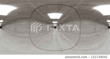 Minimalist concrete tunnel with overhead lights 360 vr panorama Minimalist concrete tunnel with overhead lights 360 vr panorama 132139042