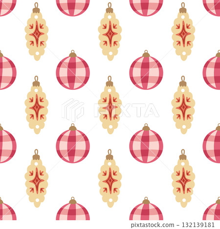 cute seamless christmas pattern with red and beige ornaments and baubles 132139181