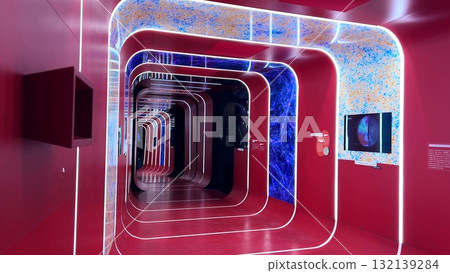 Modern exhibition at Lyon planetarium with illuminated red futuristic tunnel installation, part of a display dedicated to the complexity of life on Earth 132139284