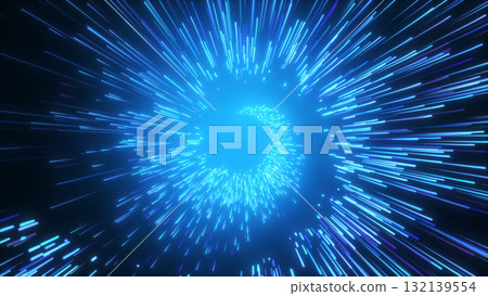Blue glowing vortex made of fast energy particles with deep motion blur and neon tunnel light. Abstract sci-fi background. 132139554
