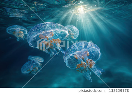 A shoal of jellyfish swims toward the ocean's surface in the sun's rays. 132139578