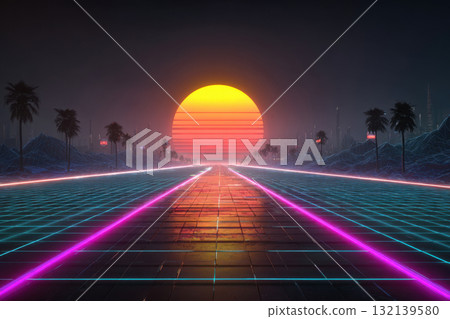 A futuristic retro-digital landscape with a neon grid, palm trees, and a glowing sunset. A futuristic retro-digital landscape with a neon grid, palm trees, and a glowing sunset. 132139580