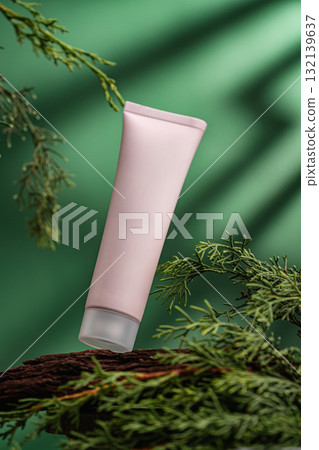 Cosmetic tube on natural wood with green leaves and soft daylight 132139637