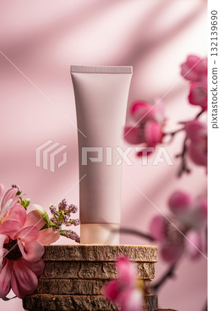 Cosmetic peeling tube with pink flowers and soft pastel background 132139690