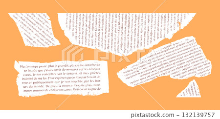 Torn French Newspaper Pieces Isolated on Orange Background 132139757