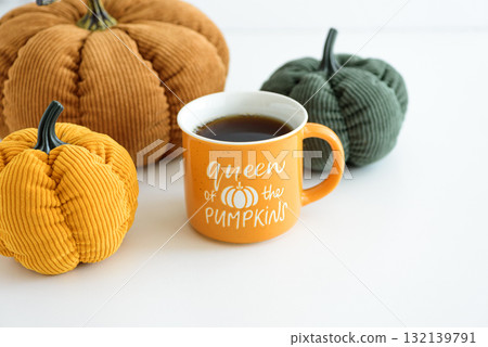 Autumnal mug with "Queen of the Pumpkins" text, surrounded by decorative pumpkins. 132139791