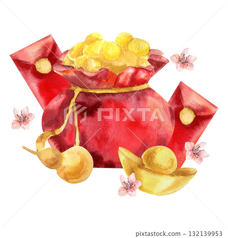 Chinese festive symbol of wealth. Spring festive watercolor clipart with coins red bag, red envelops, ingot and sakura flowers illustration. Asian New Year painting for card,invitation design 132139953