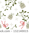 Vector seamless pattern with mistletoe, snowflakes, and gift boxes 132140015