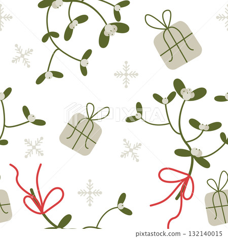 Vector seamless pattern with mistletoe, snowflakes, and gift boxes Vector seamless pattern with mistletoe, snowflakes, and gift boxes 132140015