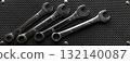 Panoramic photo of wrenches neatly arranged on textured rubber surface. Organization and order in the workplace stock image 132140087