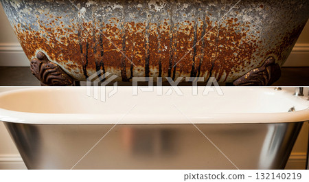 An old cast iron bathtub is displayed, divided horizontally. The top half shows extensive rust, while the bottom half gleams with a polished, clean surface, revealing a dramatic difference. An old cast iron bathtub is displayed, divided horizontally. The top half shows extensive rust, while the bottom half gleams with a polished, clean surface, revealing a dramatic difference. 132140219