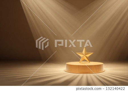 Golden Star Trophy Displayed on a Wooden Pedestal With Soft Spotlight Effects in a Dark Room 132140422