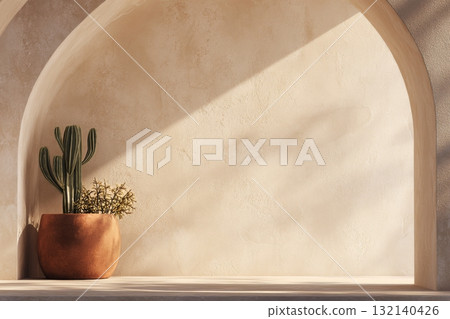 Arched Wall With Minimalist Design Featuring a Potted Cactus and Greenery in Soft Natural Light Arched Wall With Minimalist Design Featuring a Potted Cactus and Greenery in Soft Natural Light 132140426