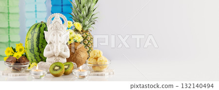 Lord Ganesha , Ganesh festival. Ganesh Chaturthi holiday banner wit sculpture of Ganesha, offerings, fruits, sweets, flowers and candles on light background with decoration, copy space. Hindu religion Lord Ganesha , Ganesh festival. Ganesh Chaturthi holiday banner wit sculpture of Ganesha, offerings, fruits, sweets, flowers and candles on light background with decoration, copy space. Hindu religion 132140494