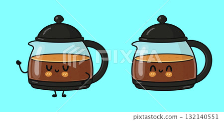 Cute coffee pot character drinking hot coffee Cute coffee pot character drinking hot coffee 132140551