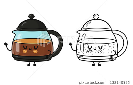 Cute coffee pot character with coloring book page Cute coffee pot character with coloring book page 132140555
