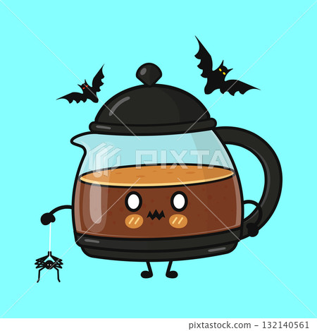 Coffee pot character celebrating spooky Halloween with spider and bats 132140561
