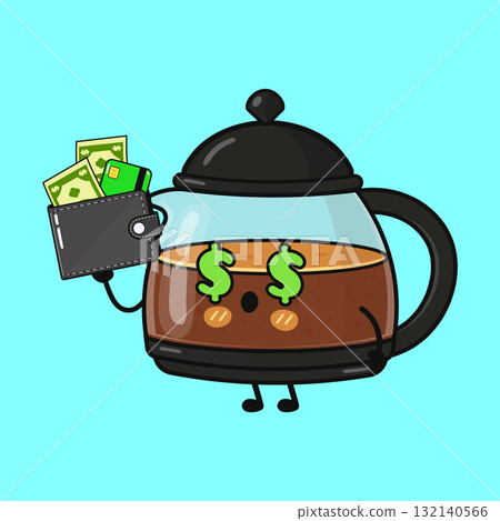 Coffee pot mascot holding wallet with money Coffee pot mascot holding wallet with money 132140566