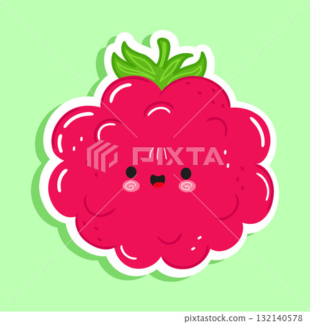 Cute pink raspberry fruit kawaii character sticker 132140578