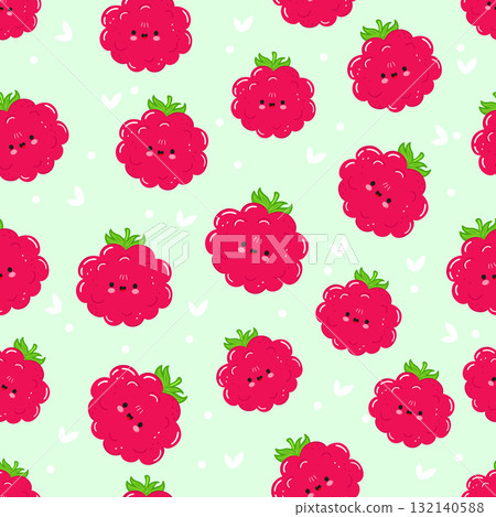 Cute smiling raspberry fruit seamless pattern 132140588