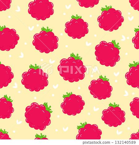 Raspberry fruit seamless pattern on yellow background 132140589