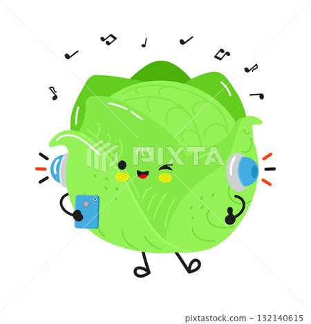 Cabbage character listening music using smartphone headphones 132140615