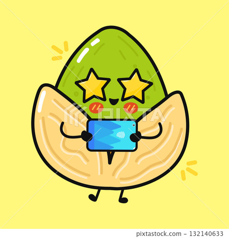 Cute pistachio character happily taking selfie with phone 132140633