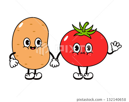 Potato and tomato characters holding hands as friends 132140658