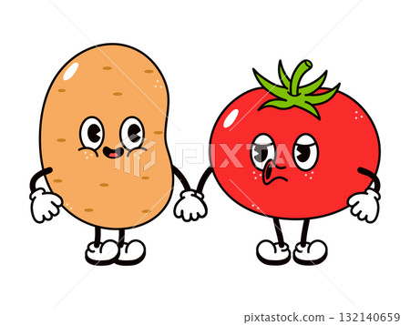 Happy potato and sad tomato holding hands 132140659