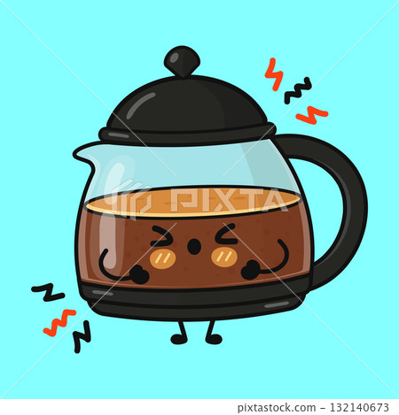 Angry coffee pot character getting energy from caffeine Angry coffee pot character getting energy from caffeine 132140673