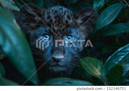 Clever Black Leopard Cub Hiding Among Green Leaves in a Dense Forest 132140751