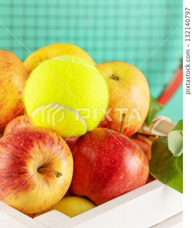 Tennis composition with yellow tennis ball, apples in a wooden box and tennis racket on a blue background. Tennis competition. Healthy sport. Selective focus, closeup 132140797