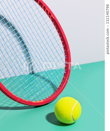 Tennis composition with red tennis racket and yellow, tennis ball on a blue background. Tennis competition. Selective focus, closeup Tennis composition with red tennis racket and yellow, tennis ball on a blue background. Tennis competition. Selective focus, closeup 132140798