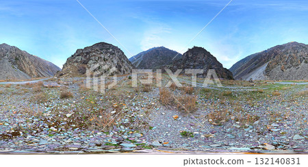 Spherical HDRi panorama of dry rocky riverbed in mountain ravine 132140831