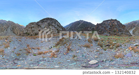 Spherical HDRi panorama of dry rocky riverbed in mountain ravine Spherical HDRi panorama of dry rocky riverbed in mountain ravine 132140832