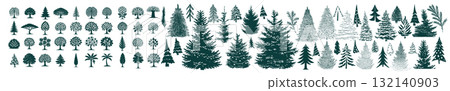 Green Silhouettes of Christmas trees and fruit tree flat cartoon set. A set of different trees. Hand drawn. Not AI, vector illustration. 132140903