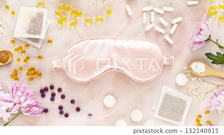 Self care flat lay with mask for sleep, sleeping pills, vitamins, dietary supplements, herbal tea bags and flowers. Concept of healthy sleep and no depression. Natural remedies for relax 132140915
