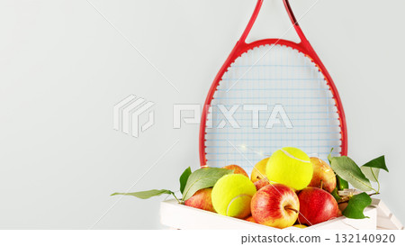 Tennis composition with yellow tennis balls, apples in a white wooden box and red tennis racket on a blue background with copy space. Concept of Healthy sport. Selective focus Tennis composition with yellow tennis balls, apples in a white wooden box and red tennis racket on a blue background with copy space. Concept of Healthy sport. Selective focus 132140920