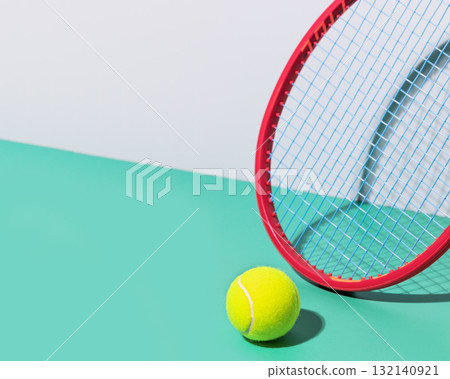 Minimalistic, tennis composition with red tennis racket and yellow, tennis ball on a blue background with copy space. Tennis competition. Selective focus, closeup Minimalistic, tennis composition with red tennis racket and yellow, tennis ball on a blue background with copy space. Tennis competition. Selective focus, closeup 132140921