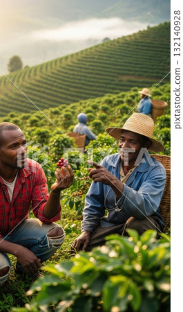 Two african coffee farmers examining fresh red coffee beans on a beautiful terraced plantation 132140928