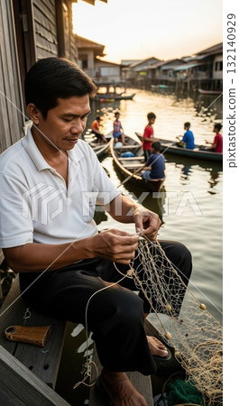 Asian fisherman mending a fishing net on a pier in a floating village at sunset Asian fisherman mending a fishing net on a pier in a floating village at sunset 132140929