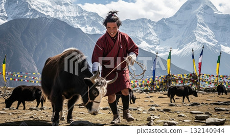 Happy Bhutanese yak herder in traditional clothing in the beautiful Himalaya mountains 132140944