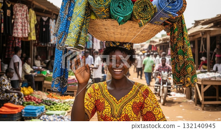 Happy african woman selling colorful traditional fabrics at a busy outdoor market in a village 132140945