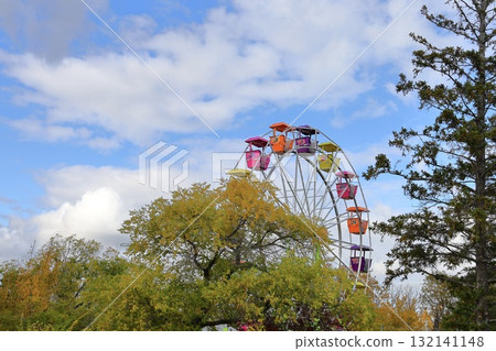 Colorful Ferris wheel above autumn trees Colorful Ferris wheel above autumn trees 132141148