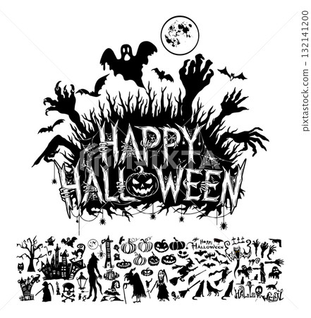 Halloween Silhouette Set. Hand drawn. Not AI, vector illustration. 132141200