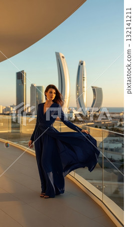 Beautiful woman in a long blue flowing dress on a skyscraper balcony during sunset 132141211
