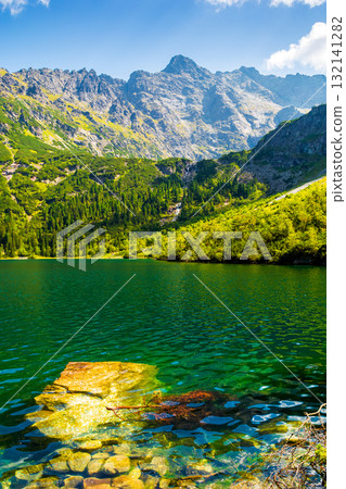 travel mountain landscape with lake in summer. green water of morskie oko in high tatra. beauty in nature park of poland. forest on the rocky slope. beautiful view of alpine pond on a sunny day travel mountain landscape with lake in summer. green water of morskie oko in high tatra. beauty in nature park of poland. forest on the rocky slope. beautiful view of alpine pond on a sunny day 132141282