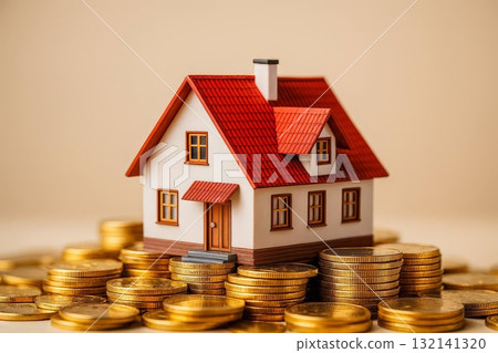 A small model house stands on piles of gold coins against a warm background. The scene shows real estate investment home equity savings and rising property value for finance banking and economy topics 132141320