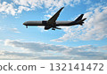 Airplane flying preparing for landing against a blue sky with clouds, travel and aviation 132141472
