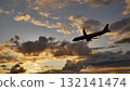 Passenger airplane landing at sunset in cloudy sky 132141474